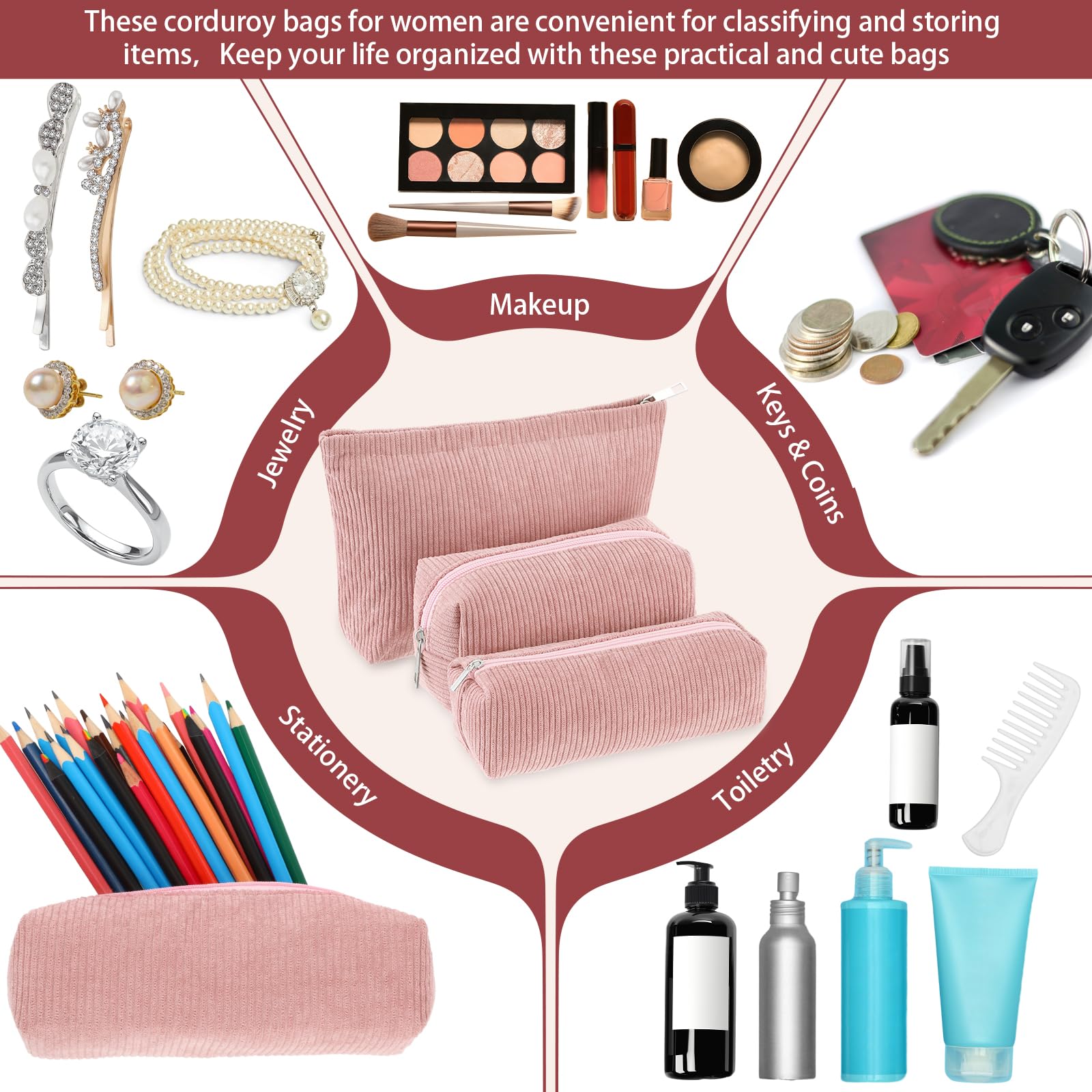 Huhumy trousse accessoires voyage velours côtelé rose, pratique et organisée.