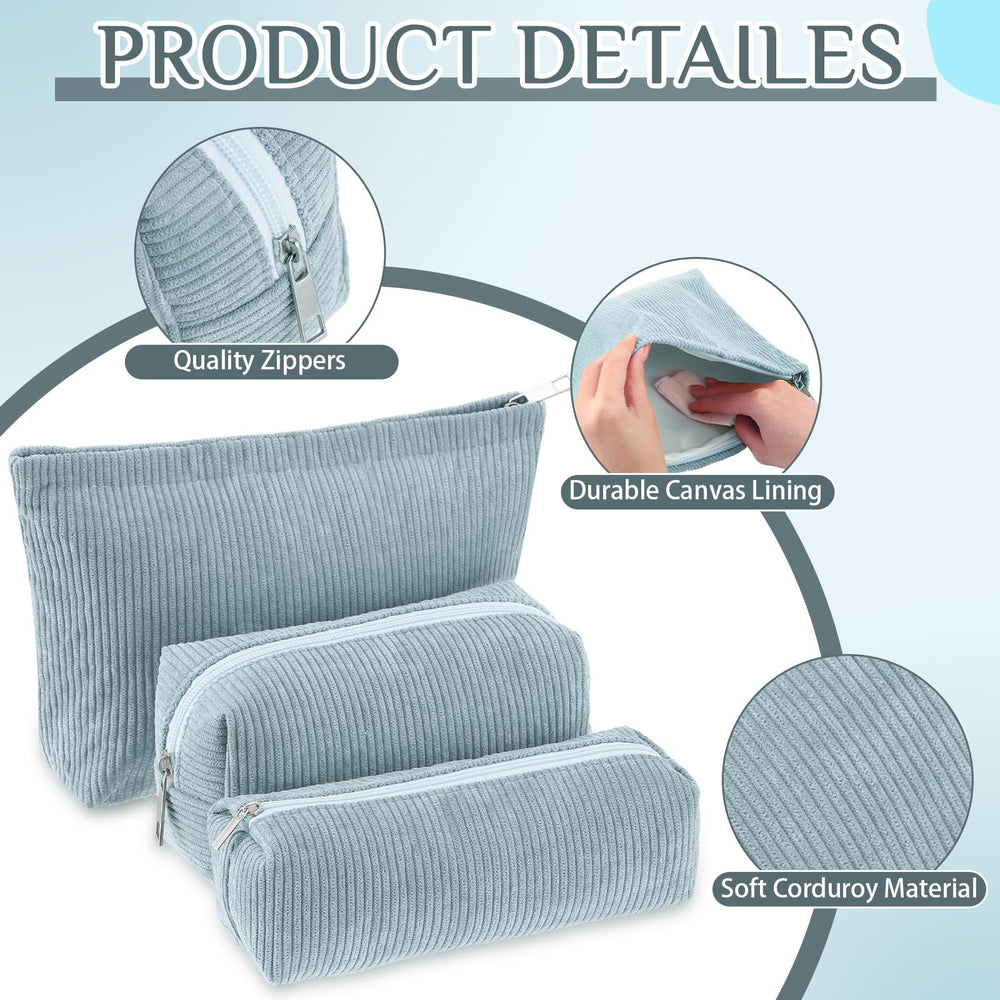 Trousse moyenne bleu Huhumy corduroy, idéale pour cosmétiques et pinceaux