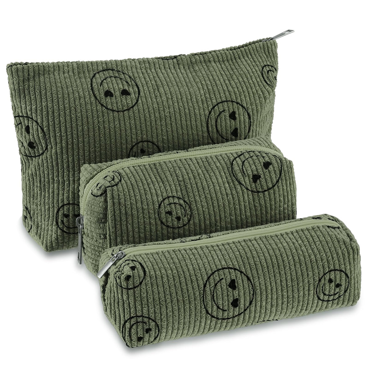 Trousse Huhumy velours côtelé vert kaki, visage souriant, idéale pour maquillage en voyage.