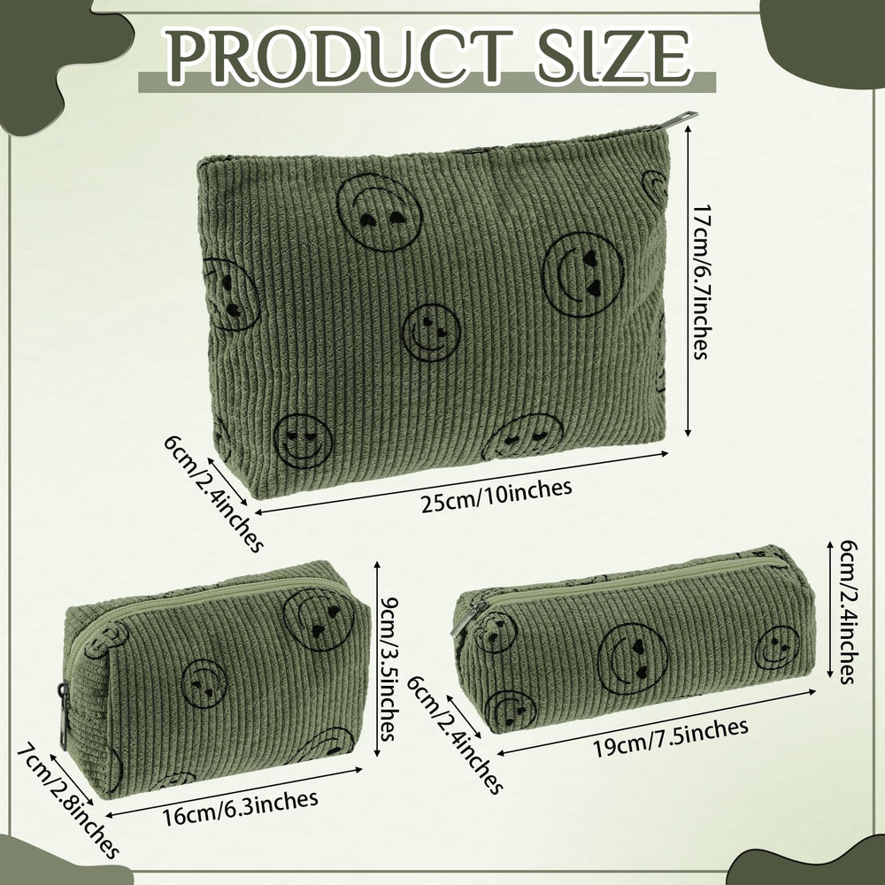 Pochette Huhumy velours côtelé vert kaki, visage souriant, rangement compact pour pinceaux.