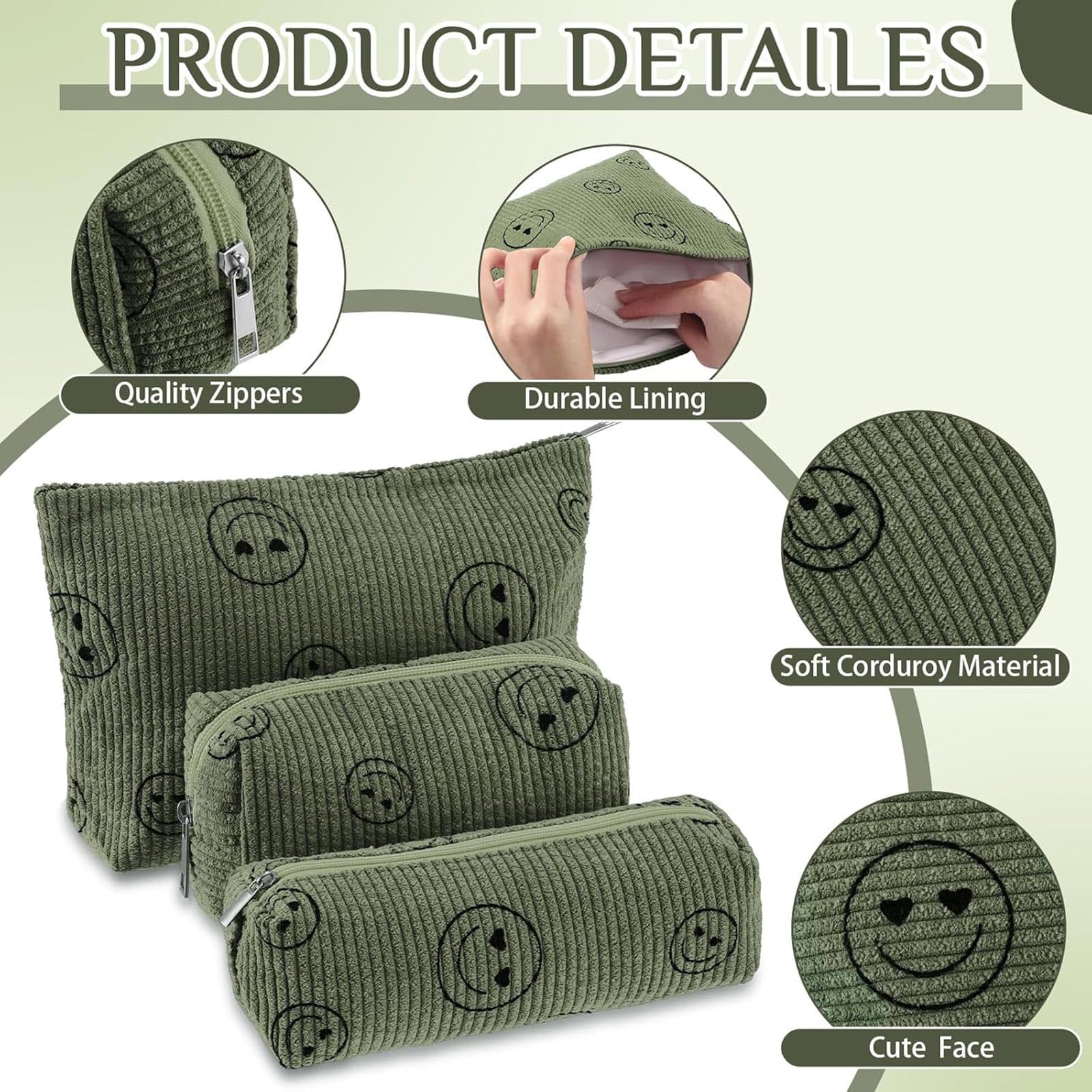 Trousse de toilette Huhumy velours côtelé vert kaki, visage souriant, parfaite pour cosmétiques et accessoires.