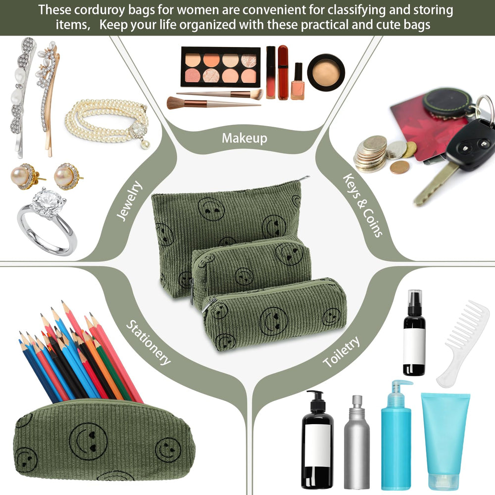 Pochette voyage Huhumy velours côtelé vert kaki, visage souriant, idéale pour organisation quotidienne.