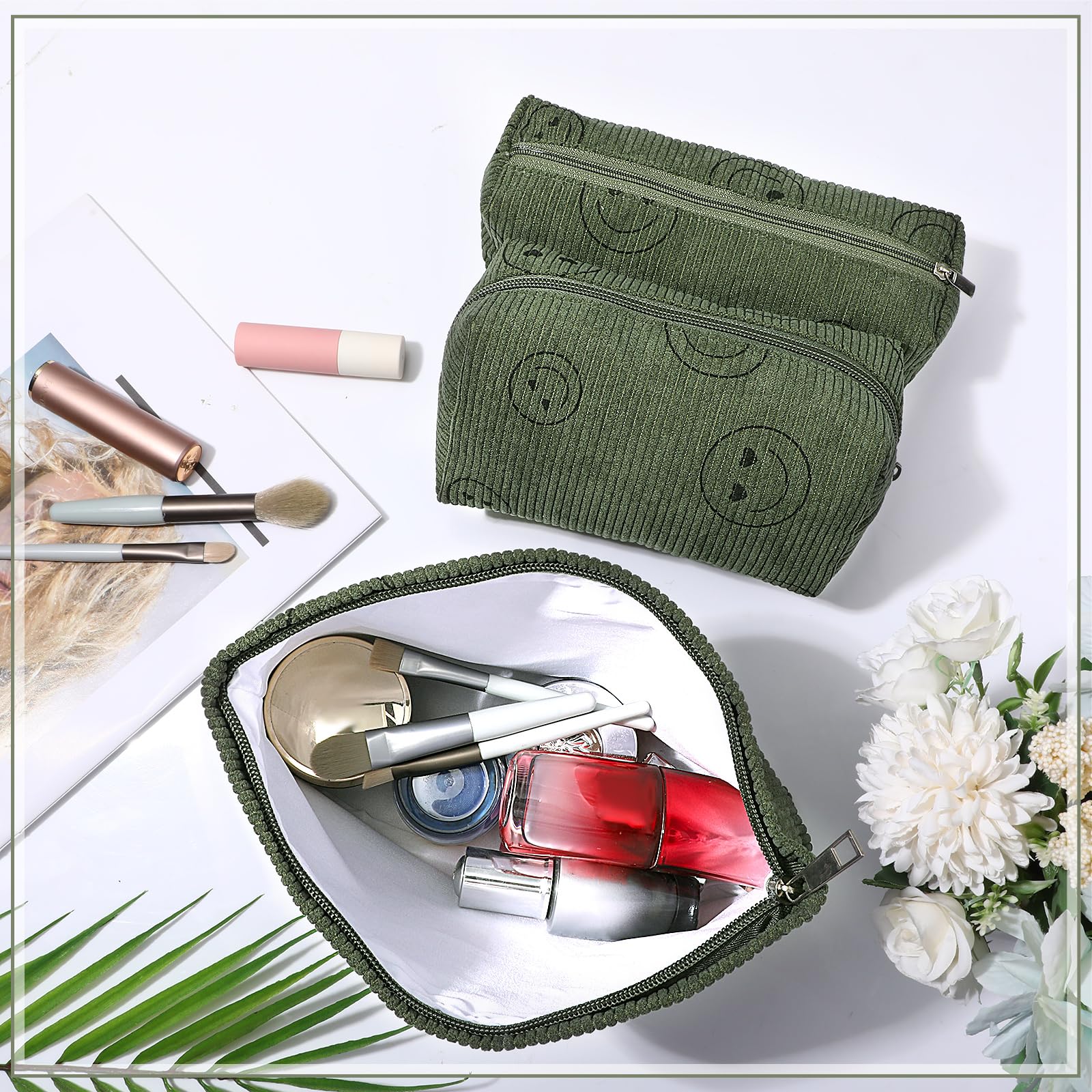 Étui polyvalent Huhumy velours côtelé vert kaki, visage souriant, rangement pour cosmétiques et petites électroniques.