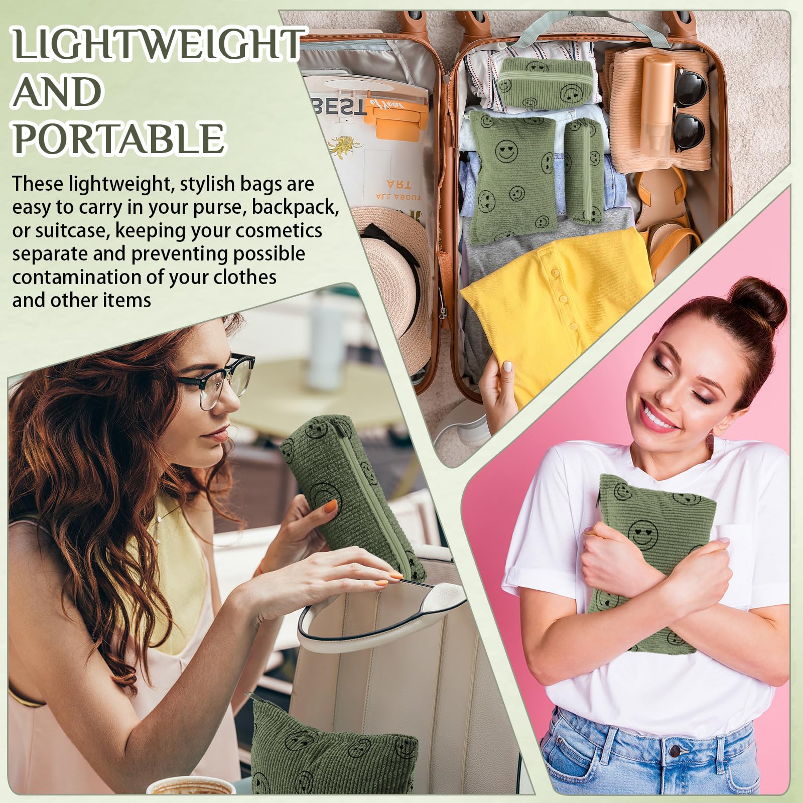 Cadeau élégant Huhumy velours côtelé vert kaki, visage souriant, idéal pour femme.
