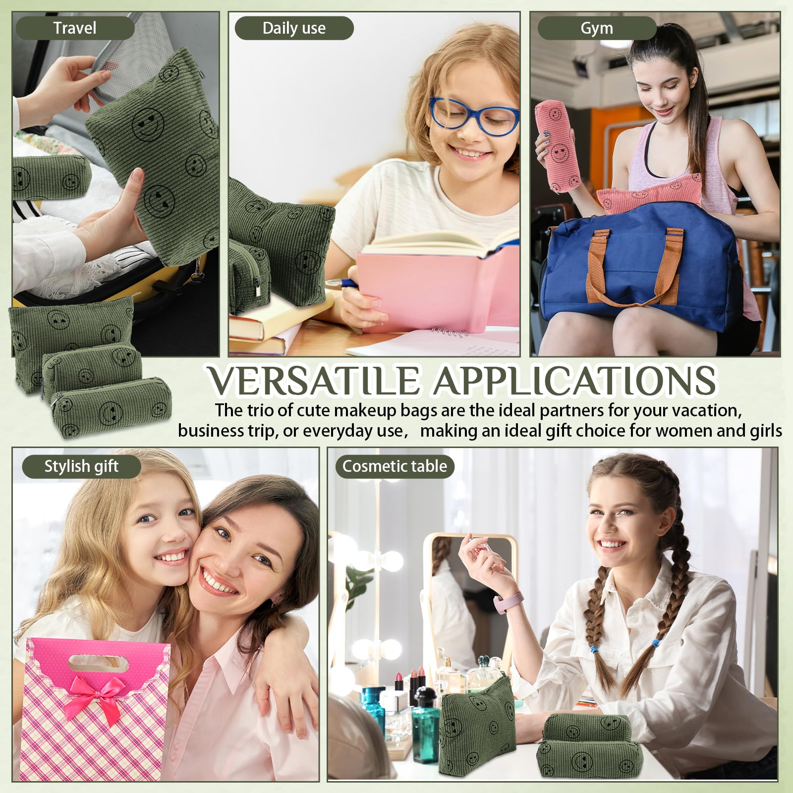 Kit durable Huhumy velours côtelé vert kaki, visage souriant, facile à nettoyer.