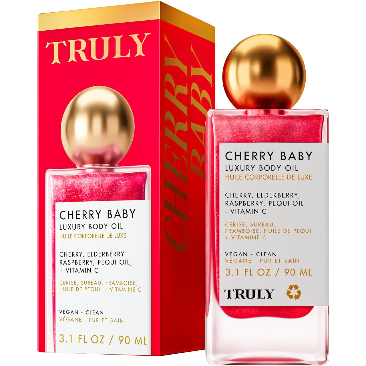 Huile corporelle Truly cerise bébé: flacon élégant pour une application fluide