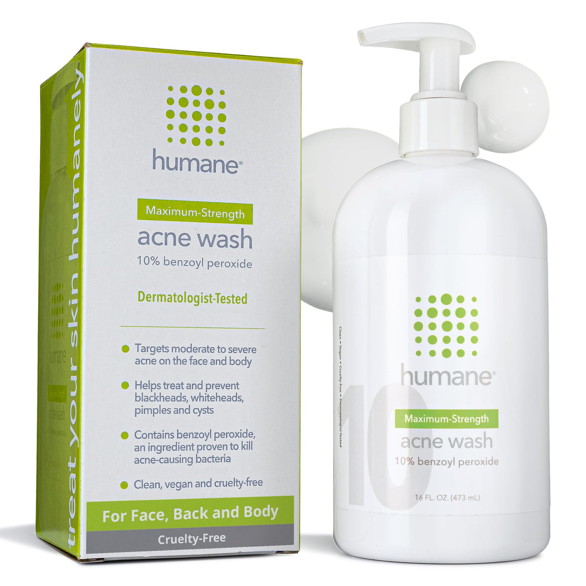 Humane Lave-Acné 10% benzoyl peroxide – flacon ciblant les pores.
