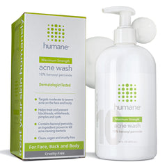 Humane Lave-Acné 10% benzoyl peroxide – flacon ciblant les pores.