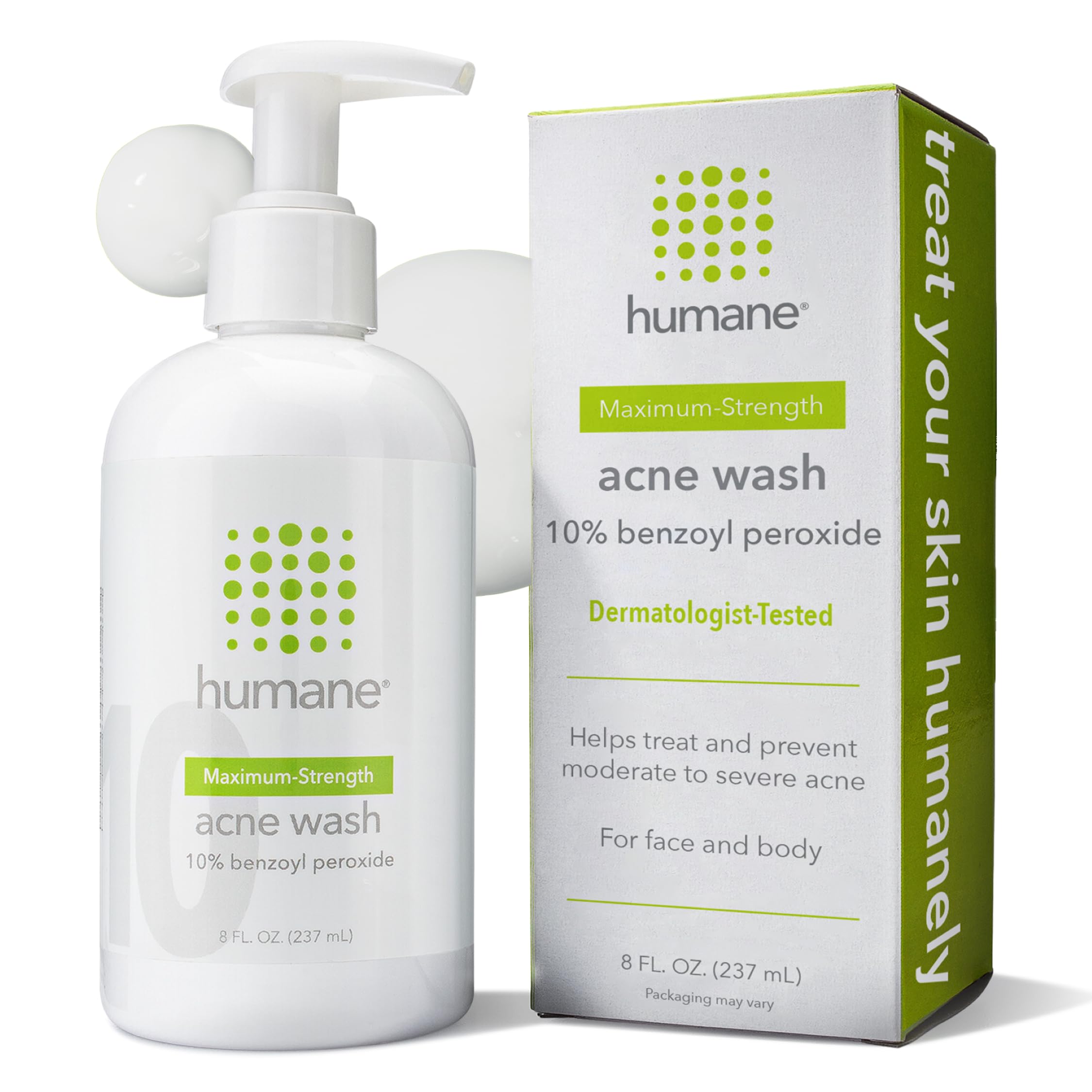 Humane lave-acné au peroxyde de benzoyle 10 %, flacon visible et action ciblée.