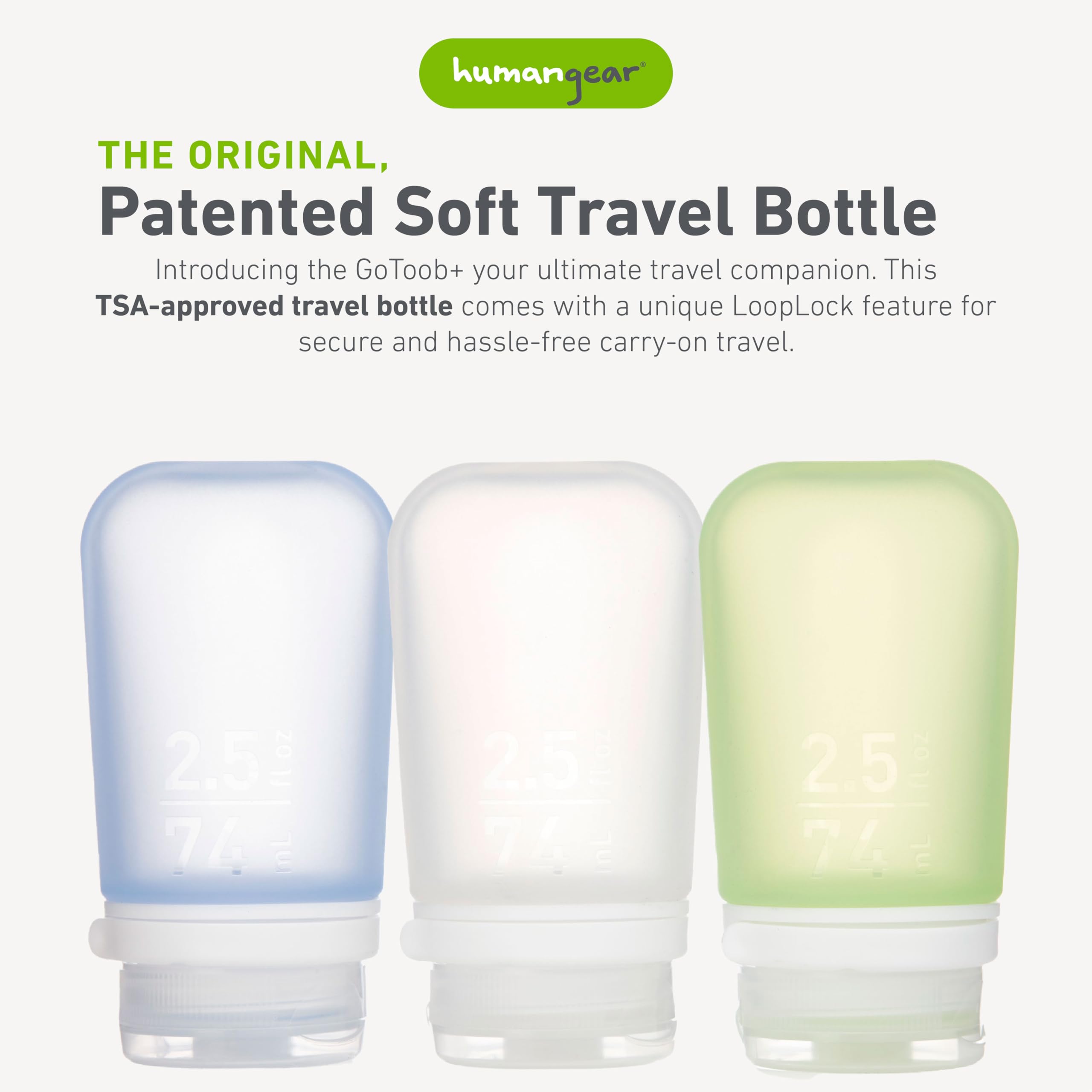 GoToob+ bouteille silicone transparente, bouchon verrouillable LoopLock pour sécurité.