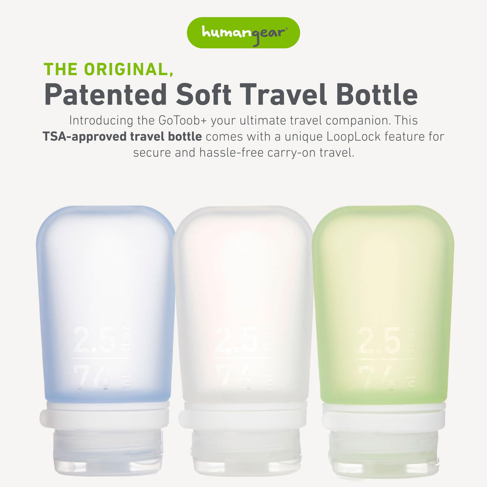 GoToob+ bouteille silicone transparente, bouchon verrouillable LoopLock pour sécurité.
