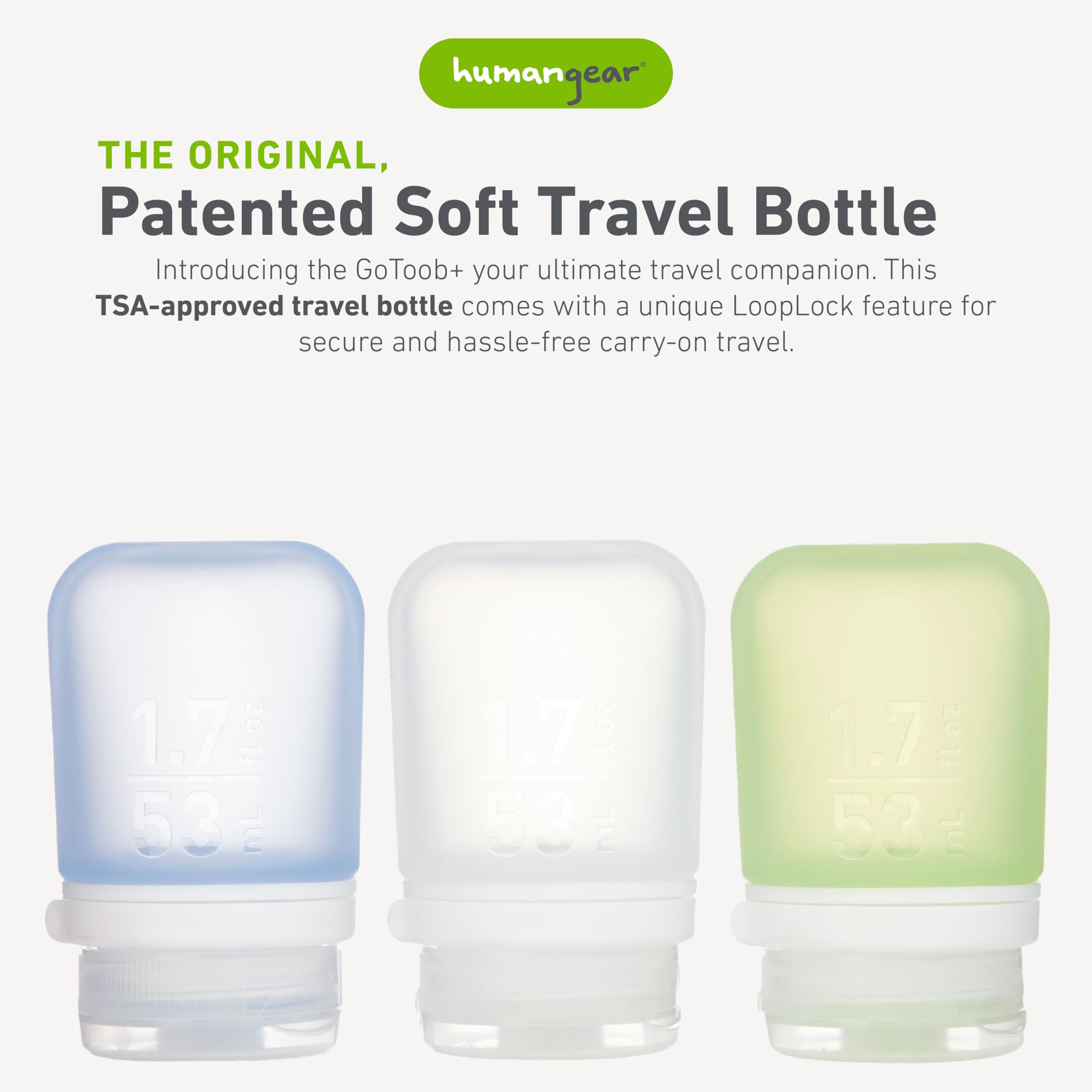 GoToob+ de humangear, bouteille compacte en silicone, couleur verte pour vos voyages.