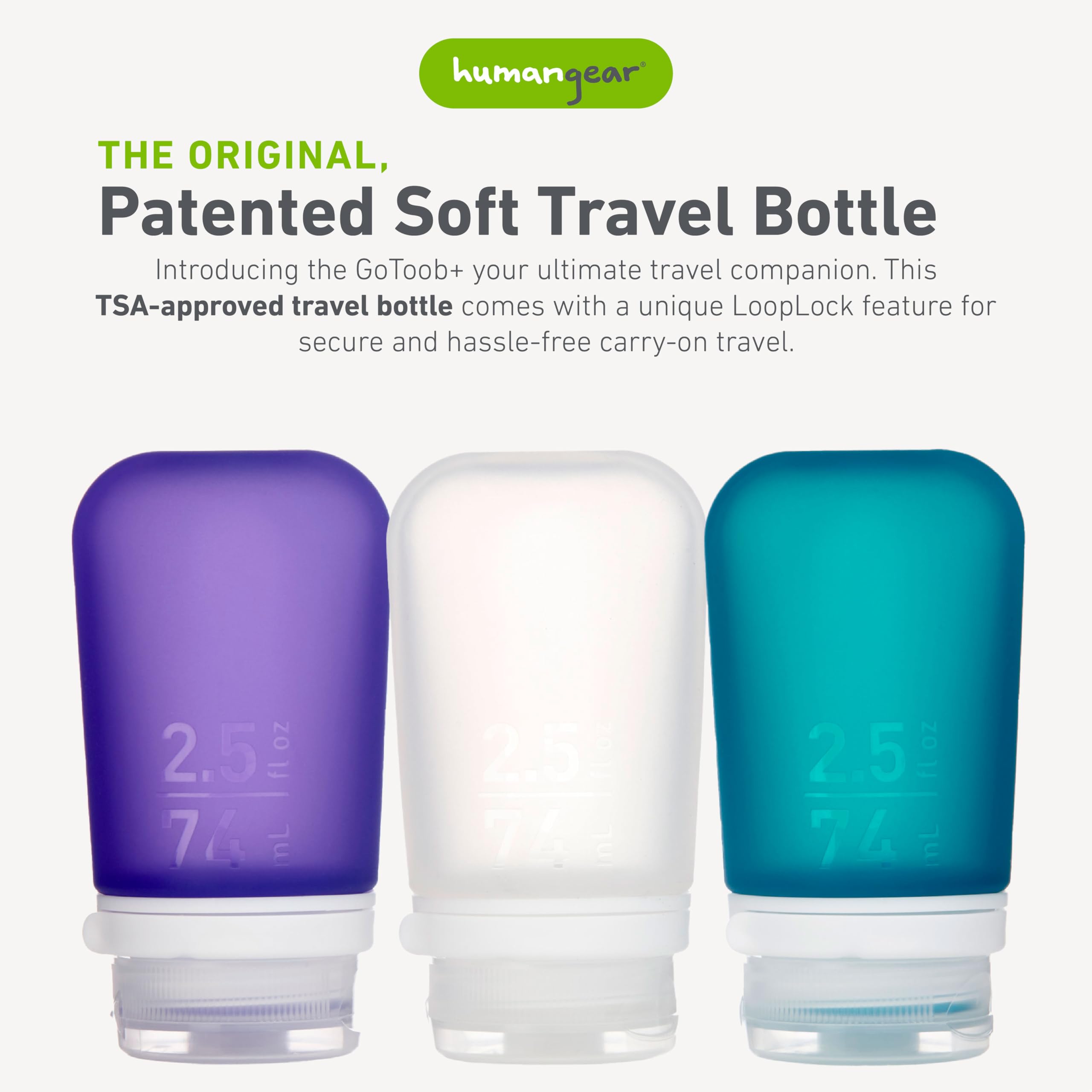 GoToob+ Humangear en violet, bouchon verrouillable pour voyager en sécurité.