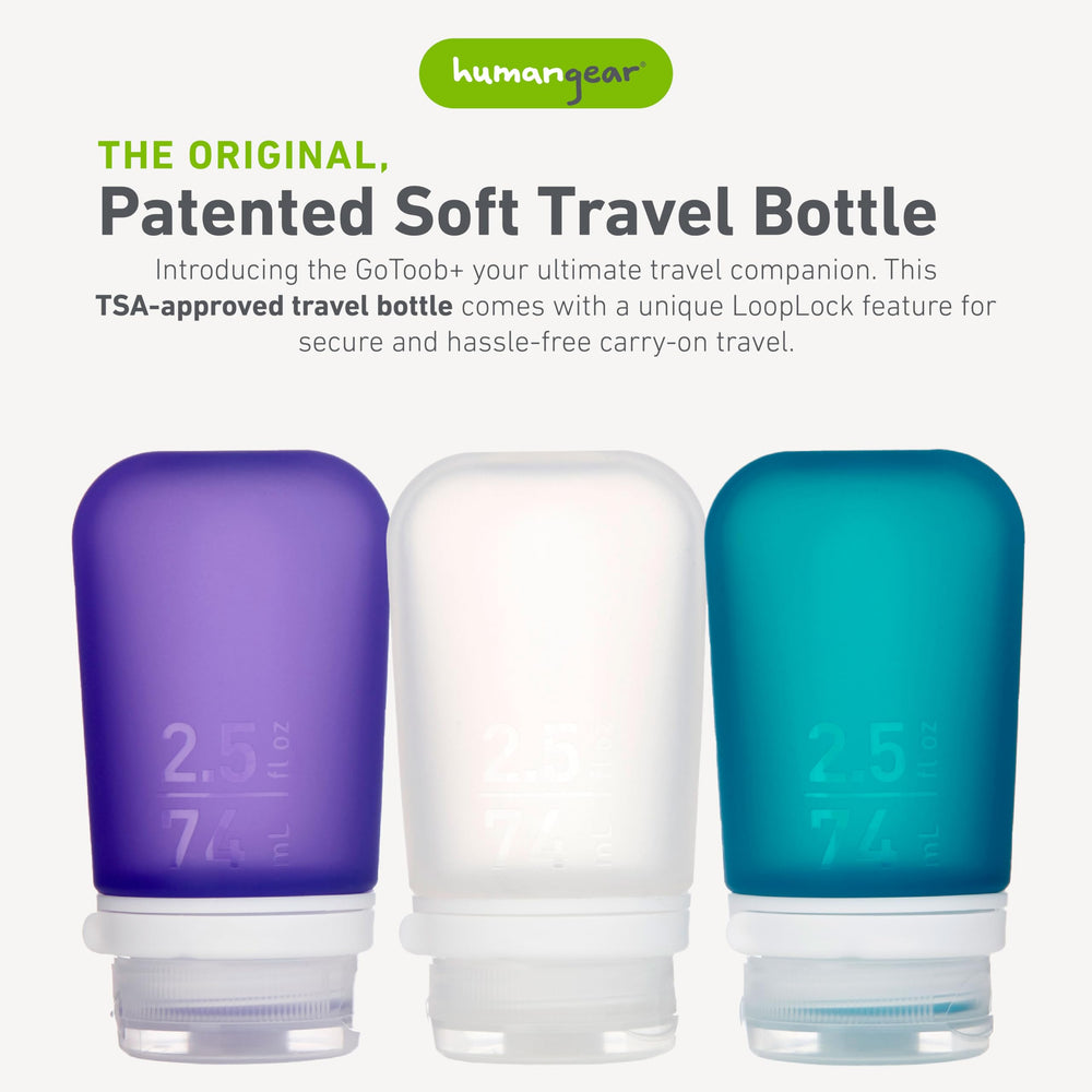 GoToob+ Humangear en violet, bouchon verrouillable pour voyager en sécurité.