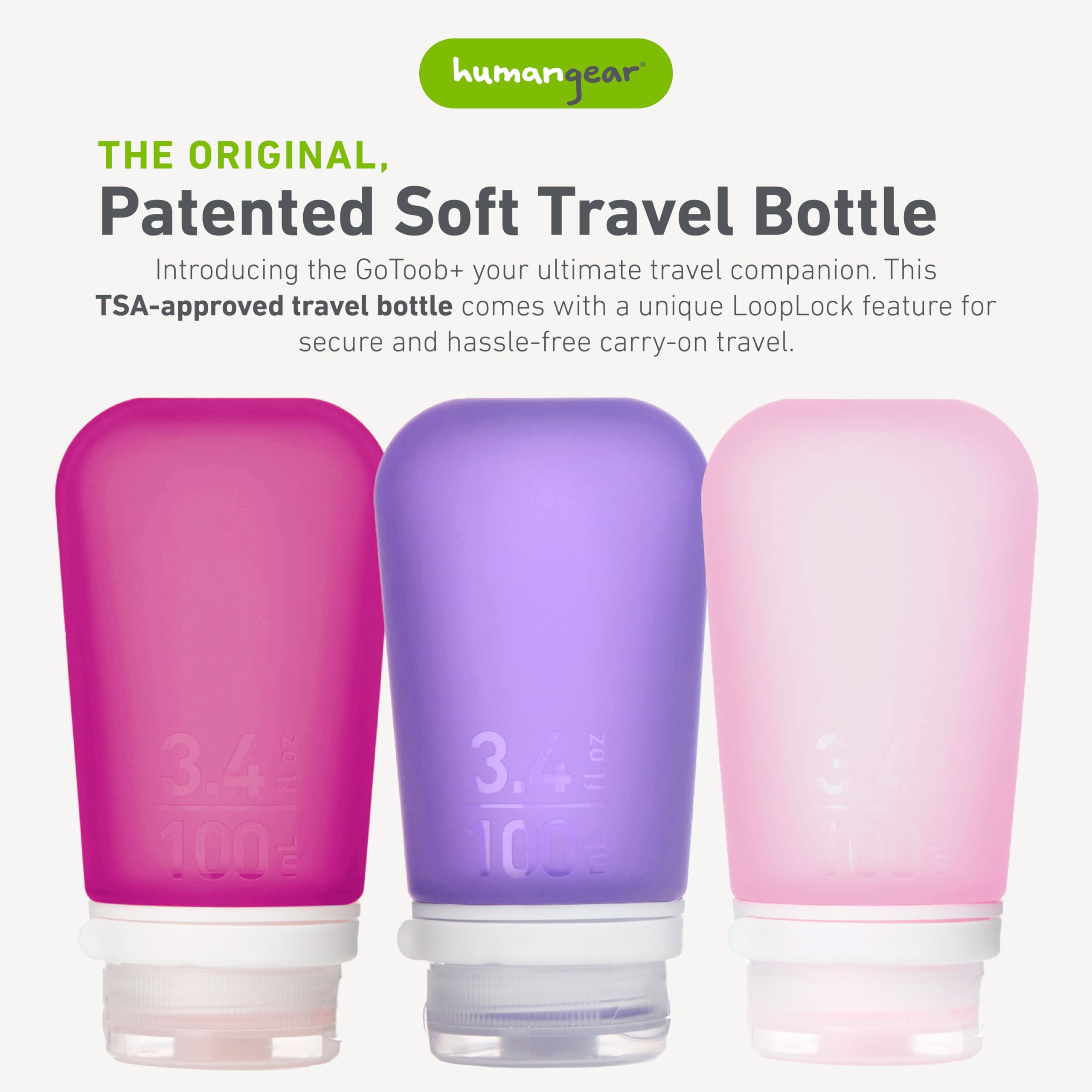 Humangear GoToob+ en lilas, bouchon verrouillable pour la sécurité lors des déplacements.