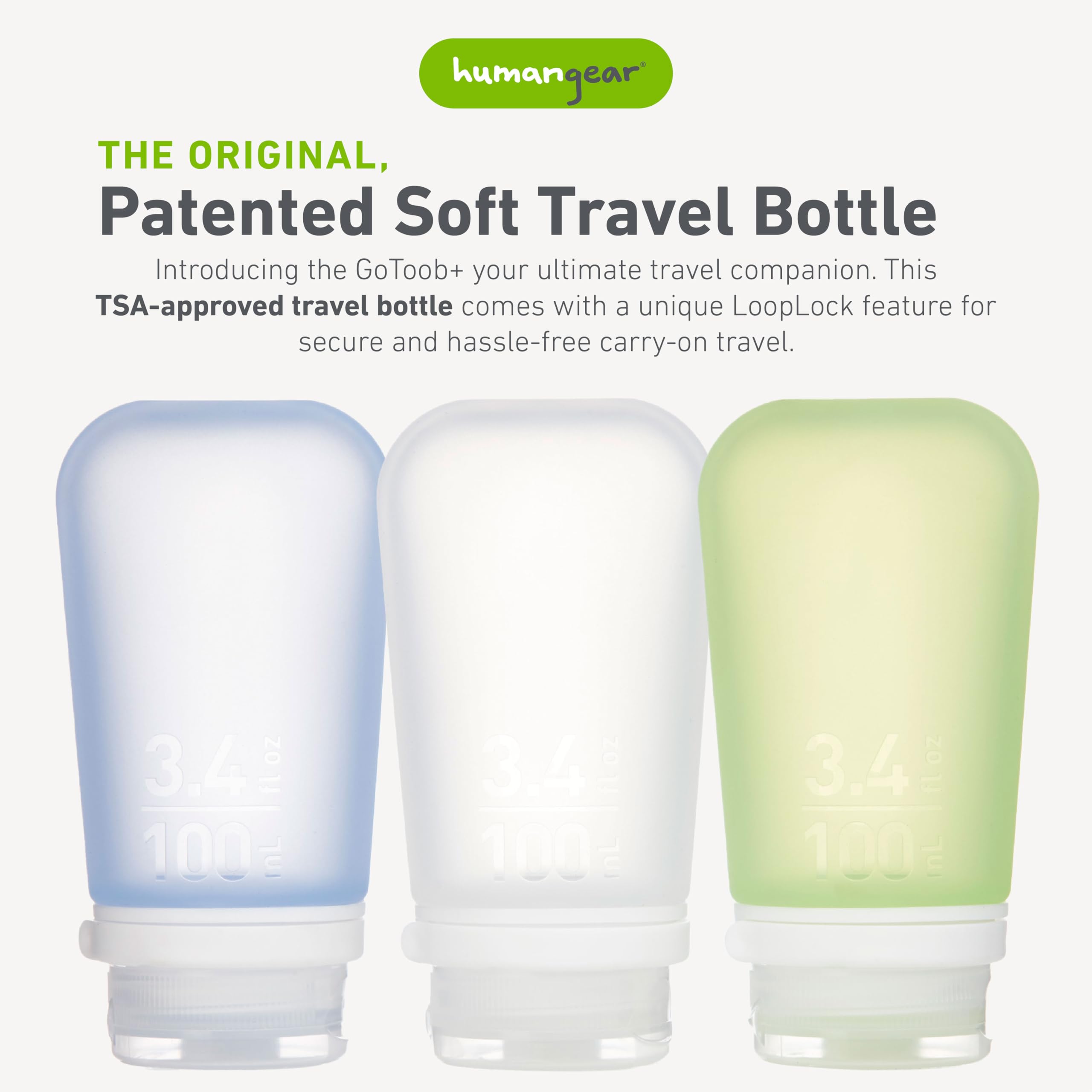 humangear GoToob+ bouteille voyage silicone 100 ml vert, légère et sûre pour vos liquides.