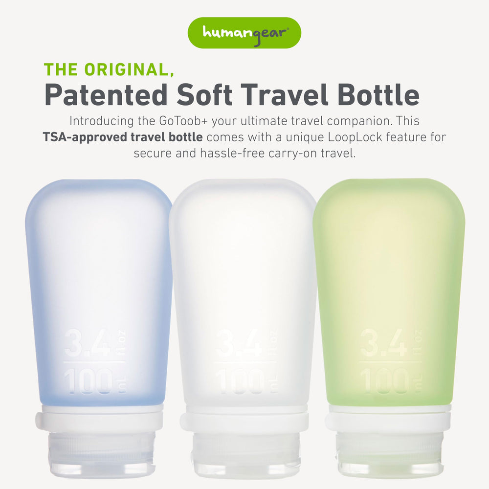 humangear GoToob+ bouteille voyage silicone 100 ml vert, légère et sûre pour vos liquides.