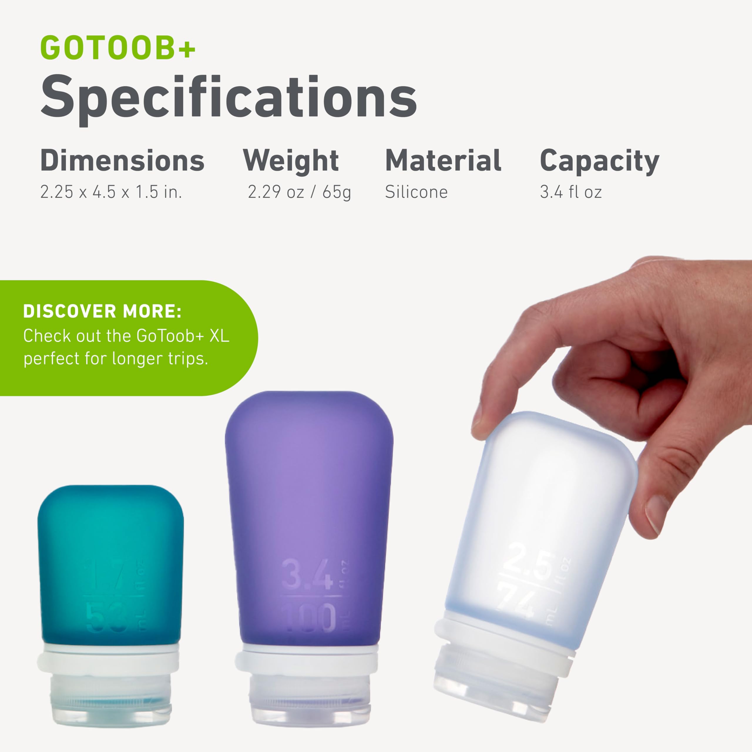 humangear GoToob+ tube conique stable, remplissage rapide et nettoyage facilité.