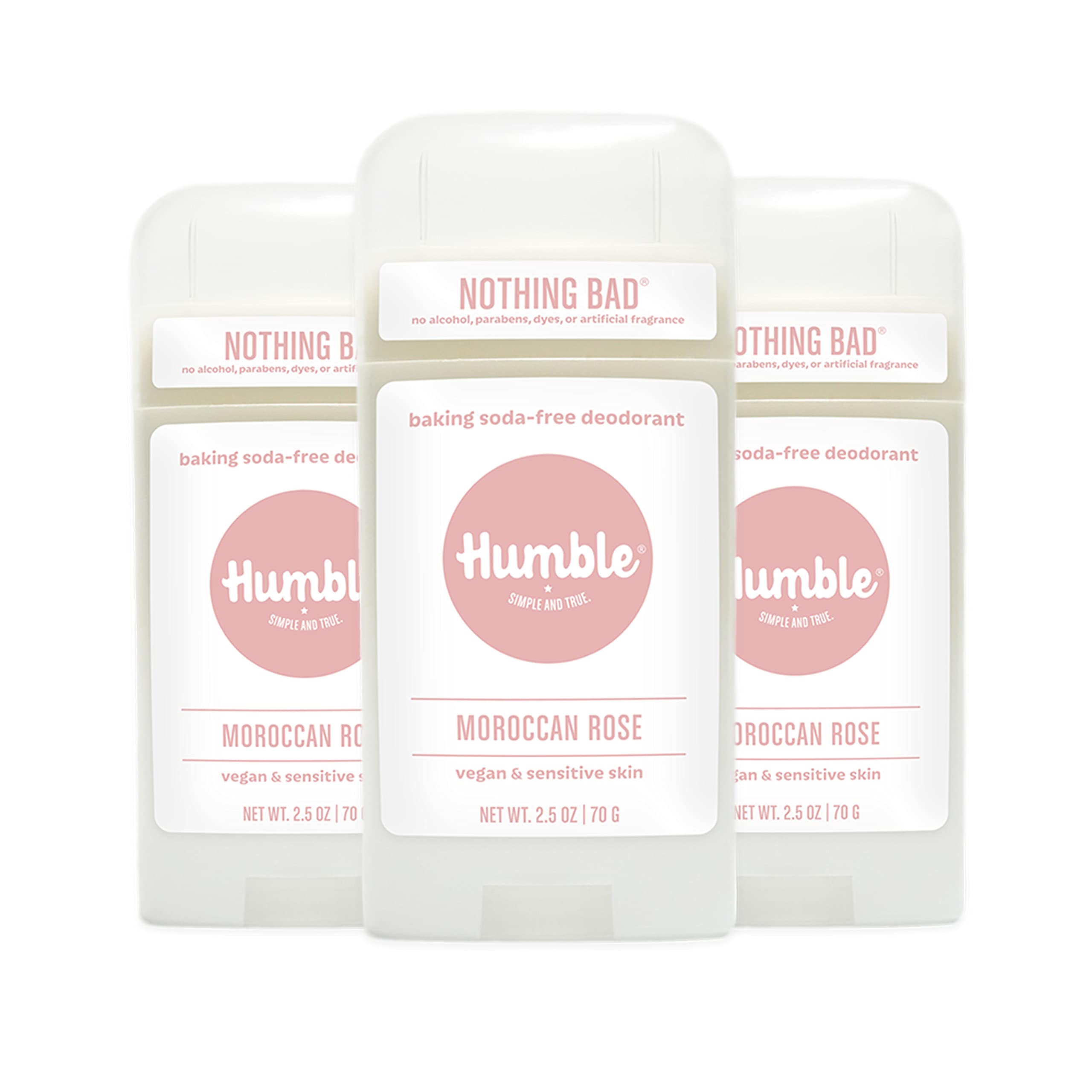 Déodorant Humble Brands sans aluminium Morocaine Rose en flacon, fraîcheur durable.