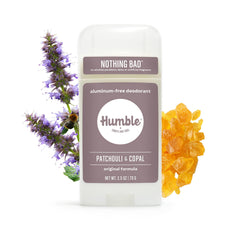 Emballage recyclable du déodorant HUMBLE Patchouli Copal Encens, respectueux de l’environnement.