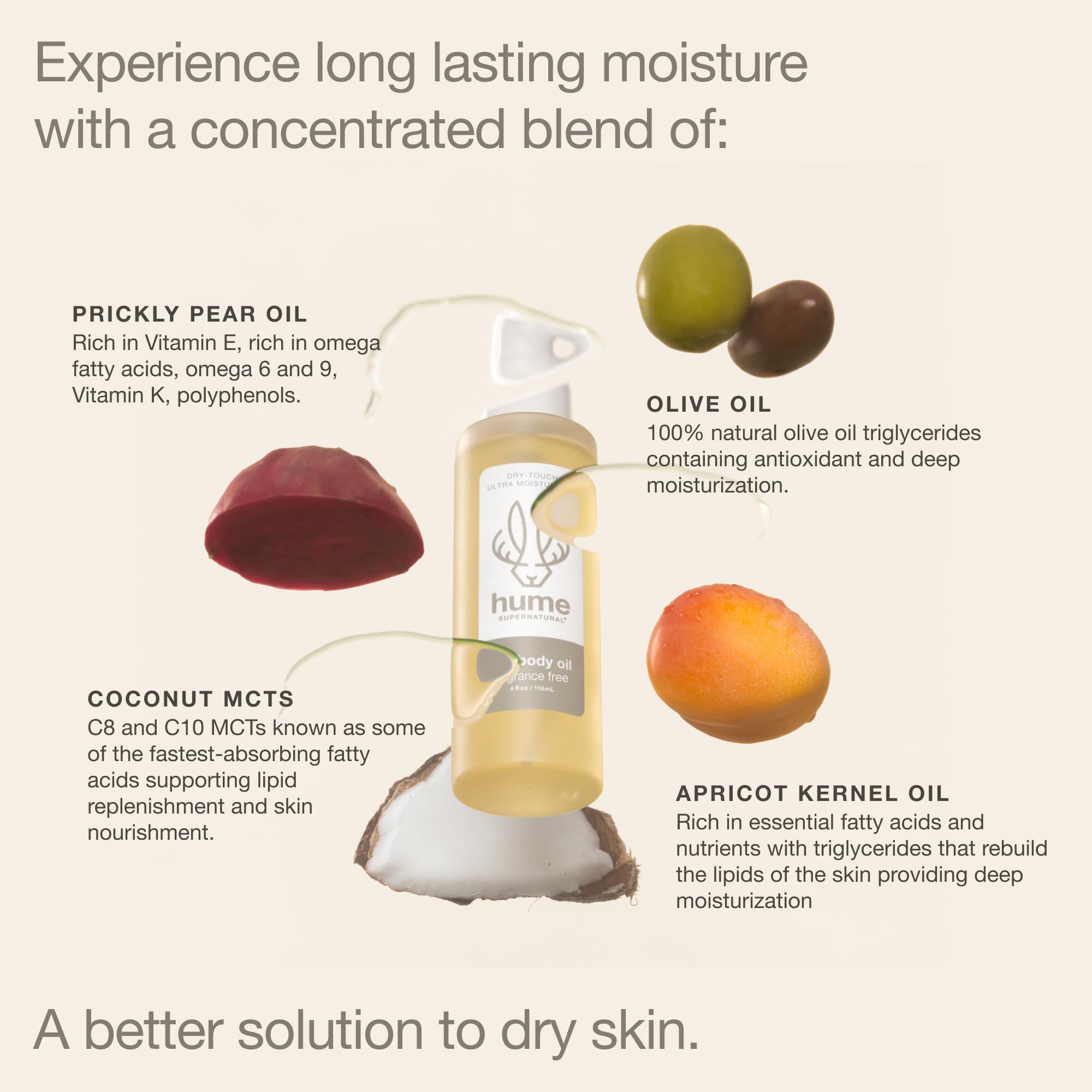 HUME SUPERNATURAL triglycérides d'huile d'olive pour une hydratation durable.