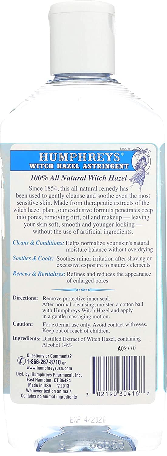 Humphrey's Hamamélis, utilisation au coton pour tonifier doucement la peau.