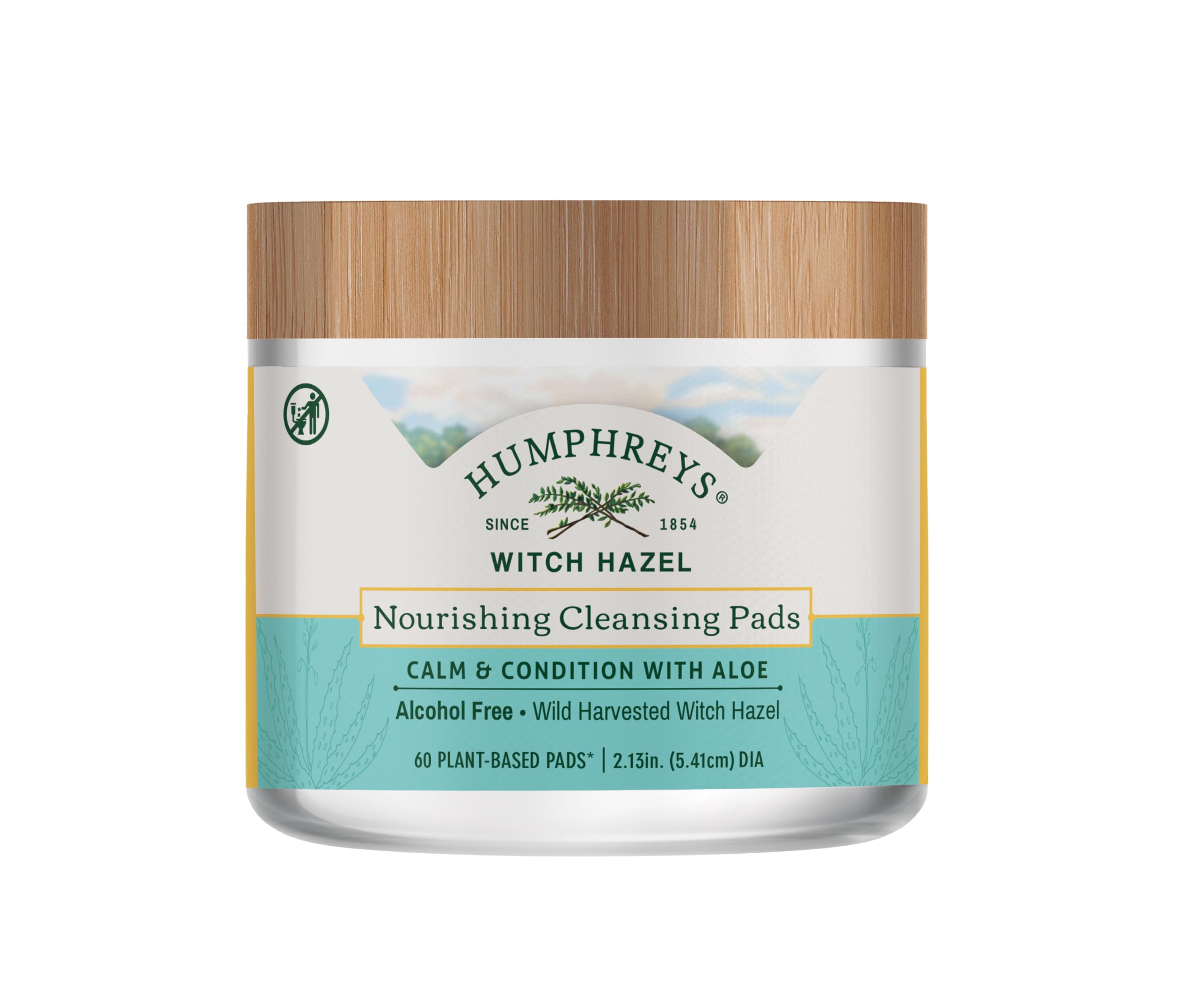 Lingettes Humphreys hamamélis nourrissantes, emballage pratique pour nettoyer et rafraîchir sans alcool.