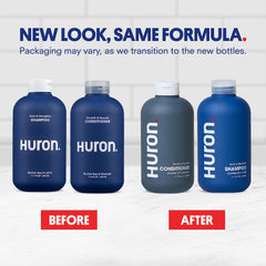 Gamme Huron apres-shampooing nourrissant pour hommes, flacon élégant et hydratation.