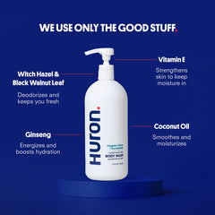 Parfum agrumes et eucalyptus du gel douche Huron Homme pour une sensation vivifiante.