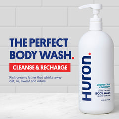 Texture crémeuse du gel douche Huron Homme, mousse riche et sensorialité agréable.