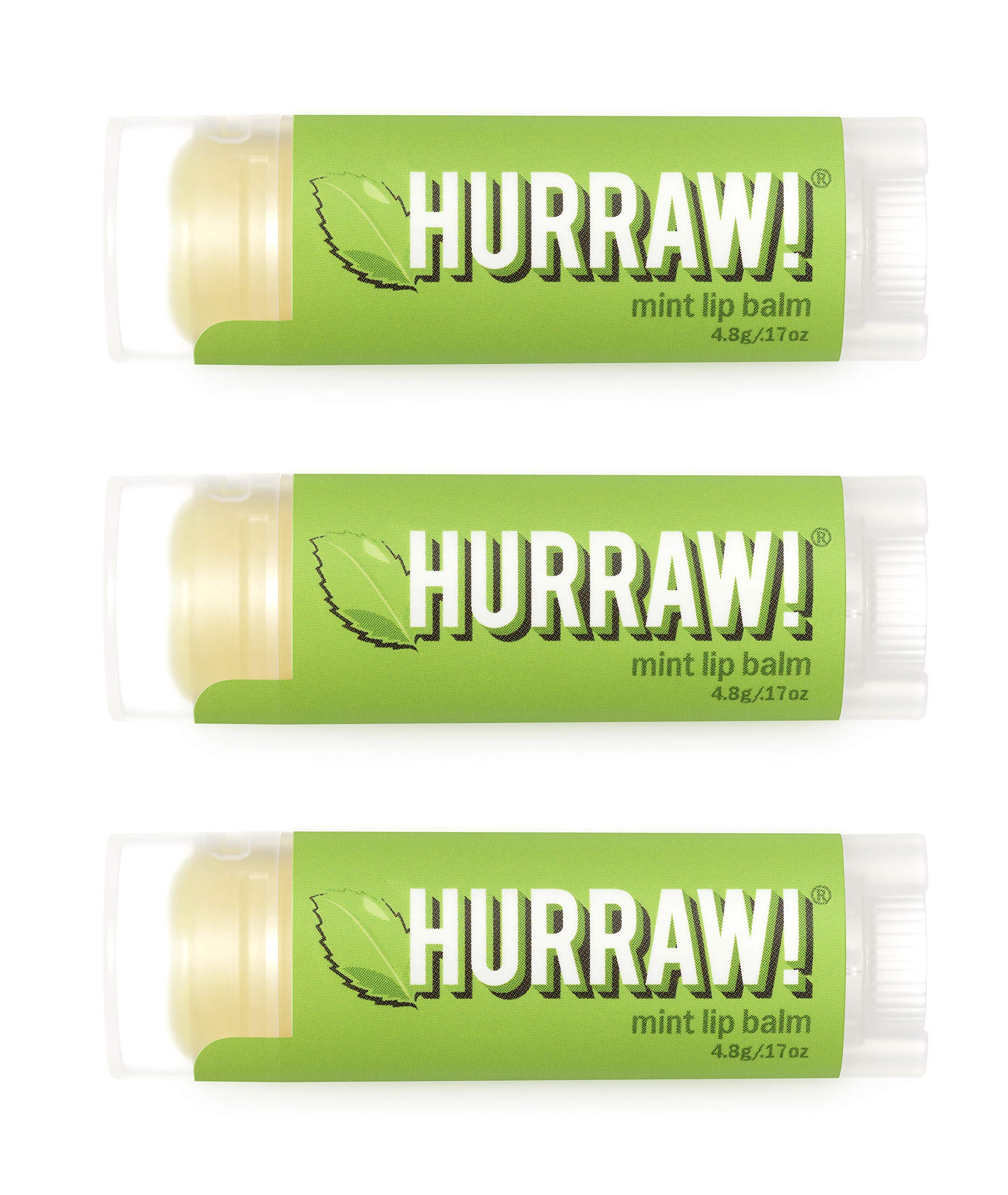 Hurraw! triple pack baume lèvres menthe dans emballage blanc, hydratation durable.