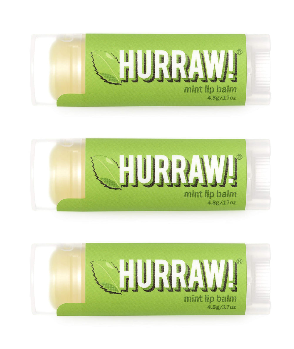 Hurraw! triple pack baume lèvres menthe dans emballage blanc, hydratation durable.