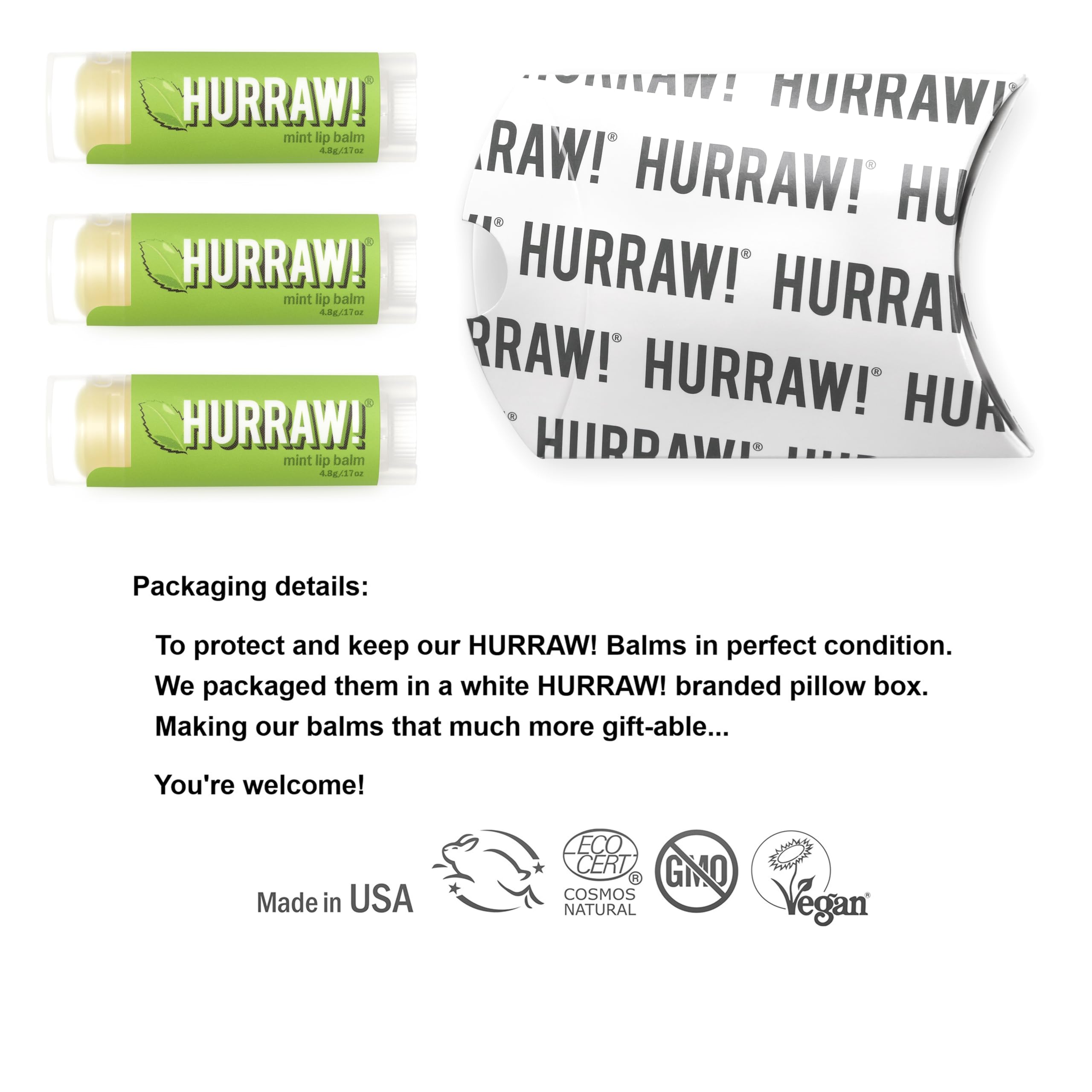 Tubes Hurraw! menthe prêts à l’emploi pour lèvres douces et rafraîchies.