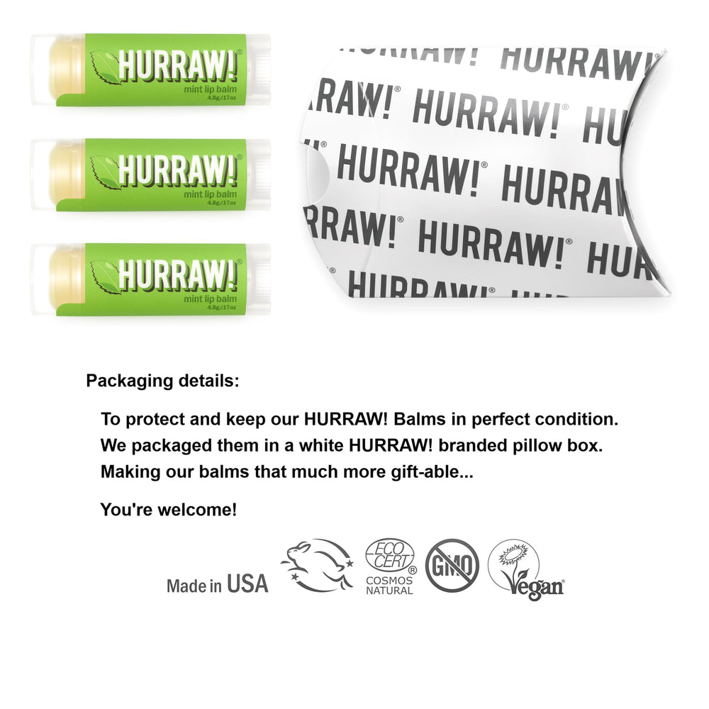 Tubes Hurraw! menthe prêts à l’emploi pour lèvres douces et rafraîchies.