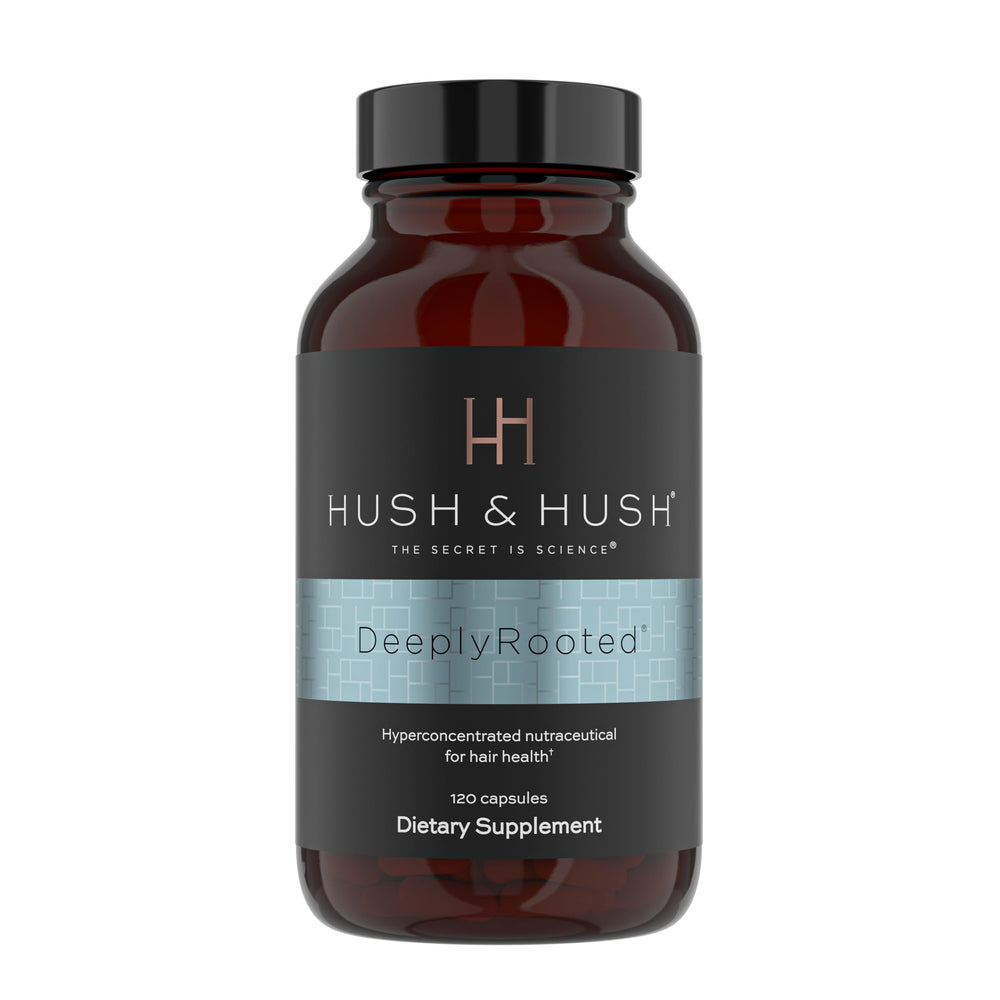 Hush & Hush DeeplyRooted — bouteille de capsules pour la croissance capillaire.