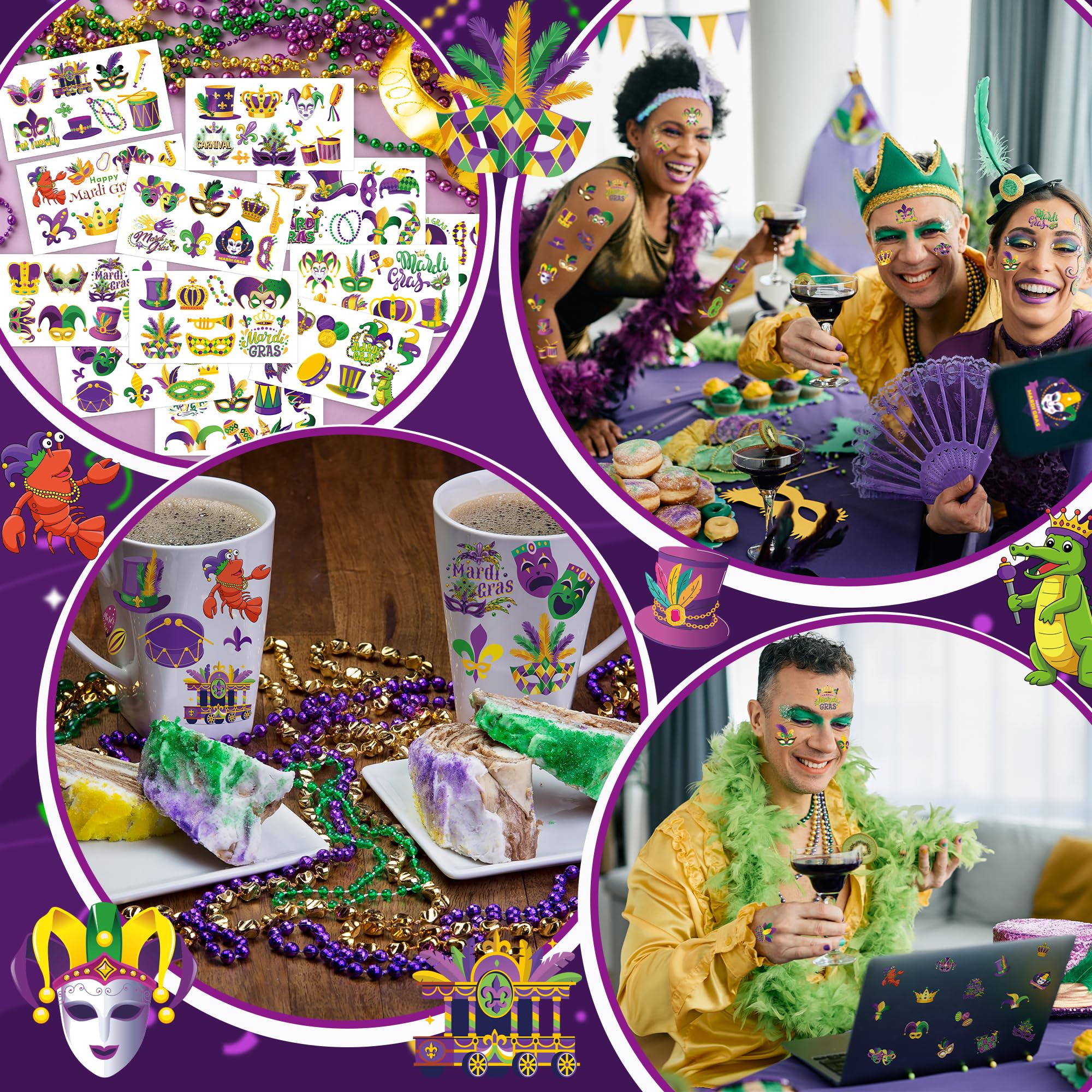 Huskein – tatouages Mardi Gras avec motifs fleur-de-lis pour carnaval.