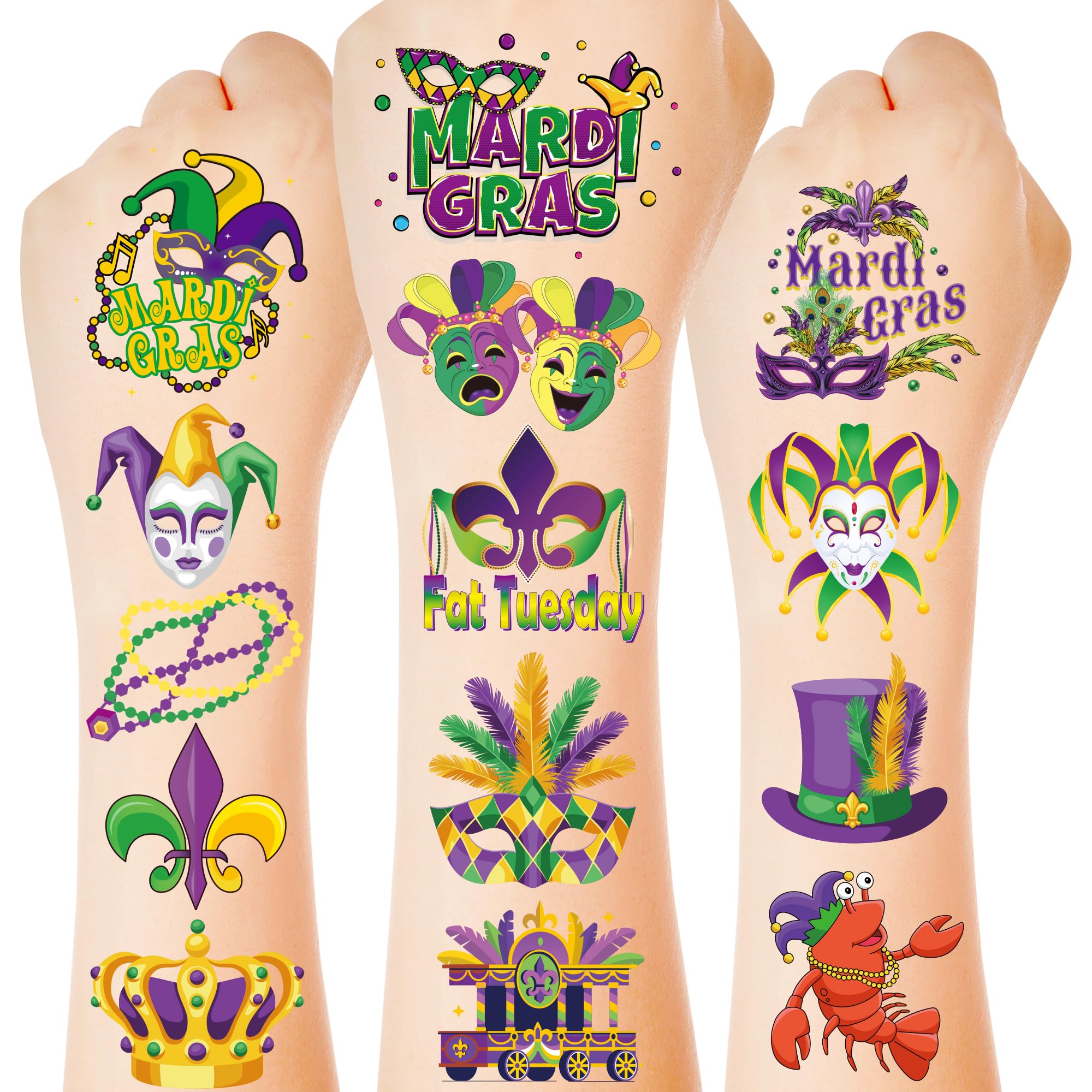 Tatouages Mardi Gras Huskein – 12 feuilles colorées pour les parades.