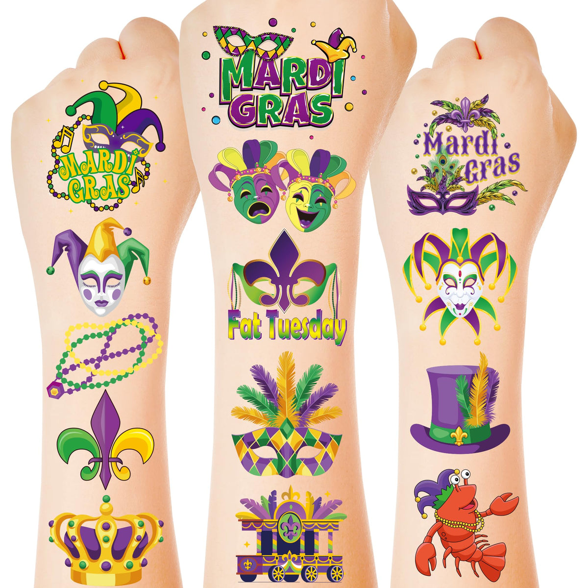 Tatouages Mardi Gras Huskein – 12 feuilles colorées pour les parades.