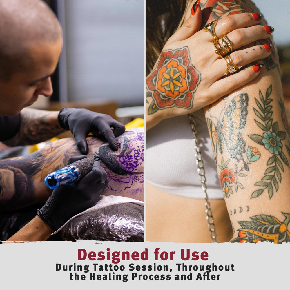 Application douce sur tatouages neufs pour confort et hydratation.