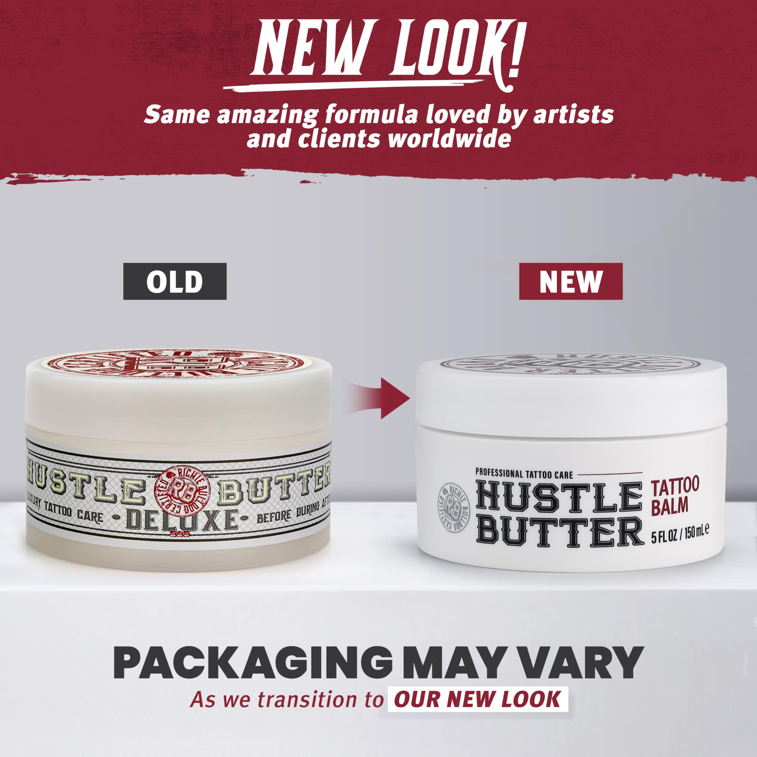 Emballage Hustle Butter Deluxe, soin post-tatouage pratique.