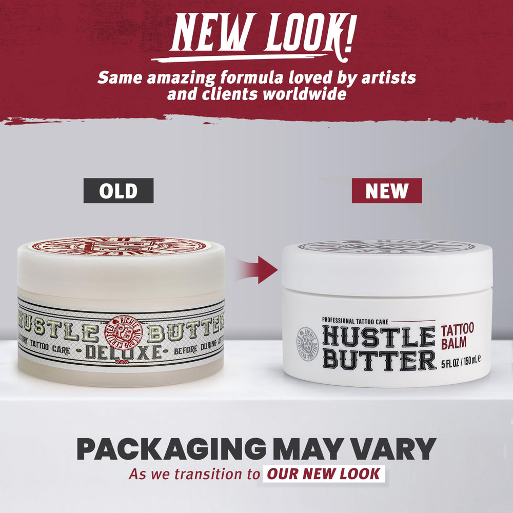 Emballage Hustle Butter Deluxe, soin post-tatouage pratique.