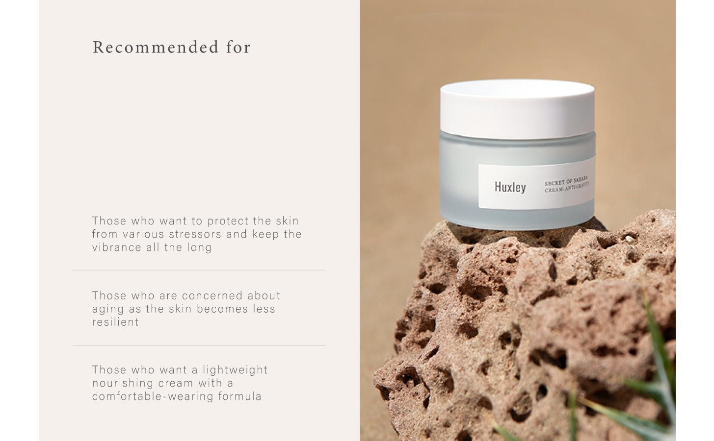 Huxley Secret du Sahara, acide hyaluronique pour rétablir l'hydratation et le confort.