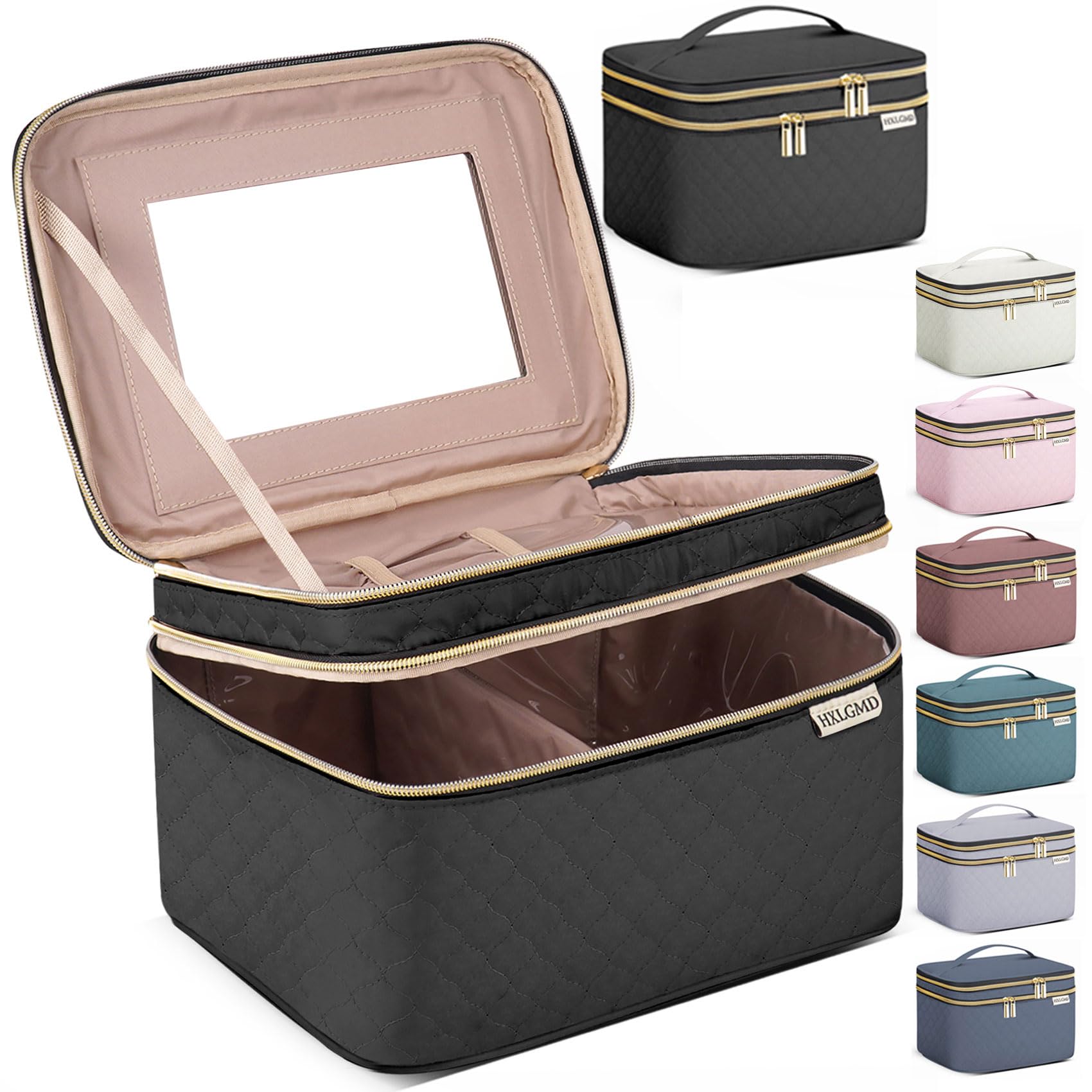 HXLGMD grand sac maquillage avec miroir, rangement pratique et miroir intégré pour retouches