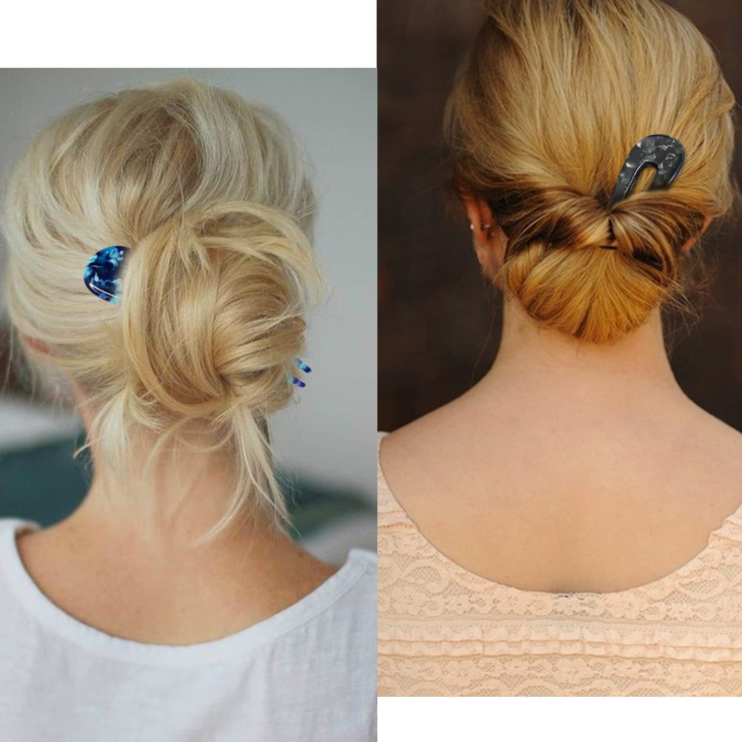HYFEEL broche chignon U forme bleu, vue arrière montrant le design lustré.