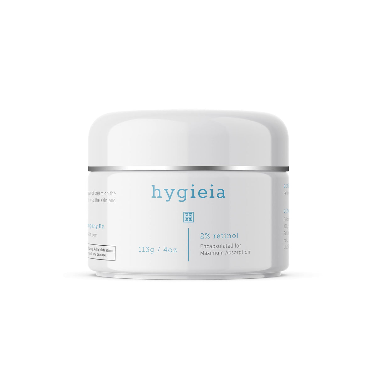 Crème Hygieia Retinol encapsulée 2% dans un pot, pour visage, cou et corps.