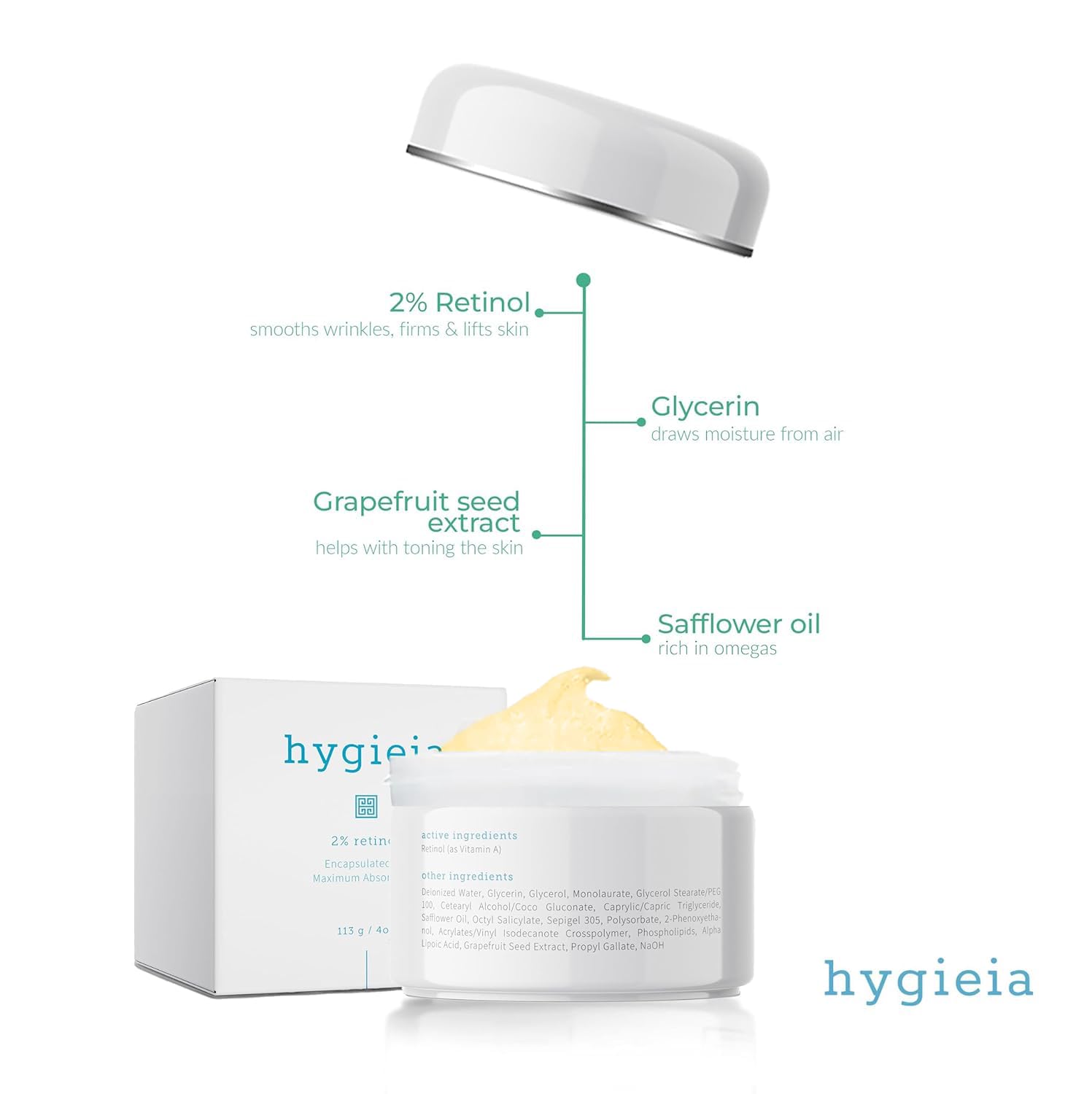 Hygieia crème retinol 2% usage jour et nuit pour le visage et le cou.