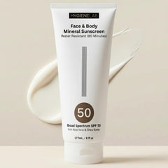 Bouteille HygieneLab Minéral SPF50 offrant une protection quotidienne pour peau sensible.