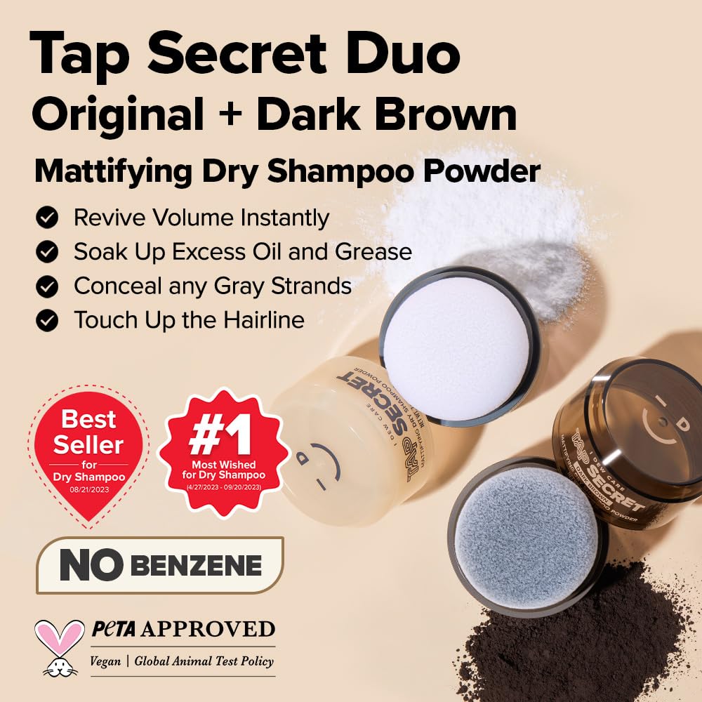 I DEW CARE Tap Secret Brun Foncé – Poudre fine pour cheveux brun foncé.
