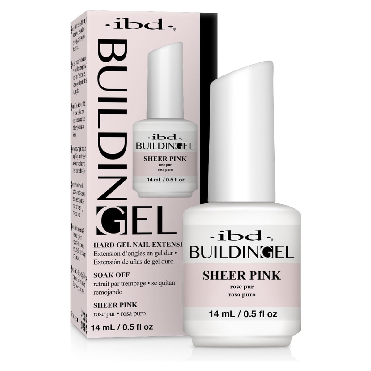 IBD Building Gel Rose Clair, flacon avec brosse intégrée pour une application propre et rapide.