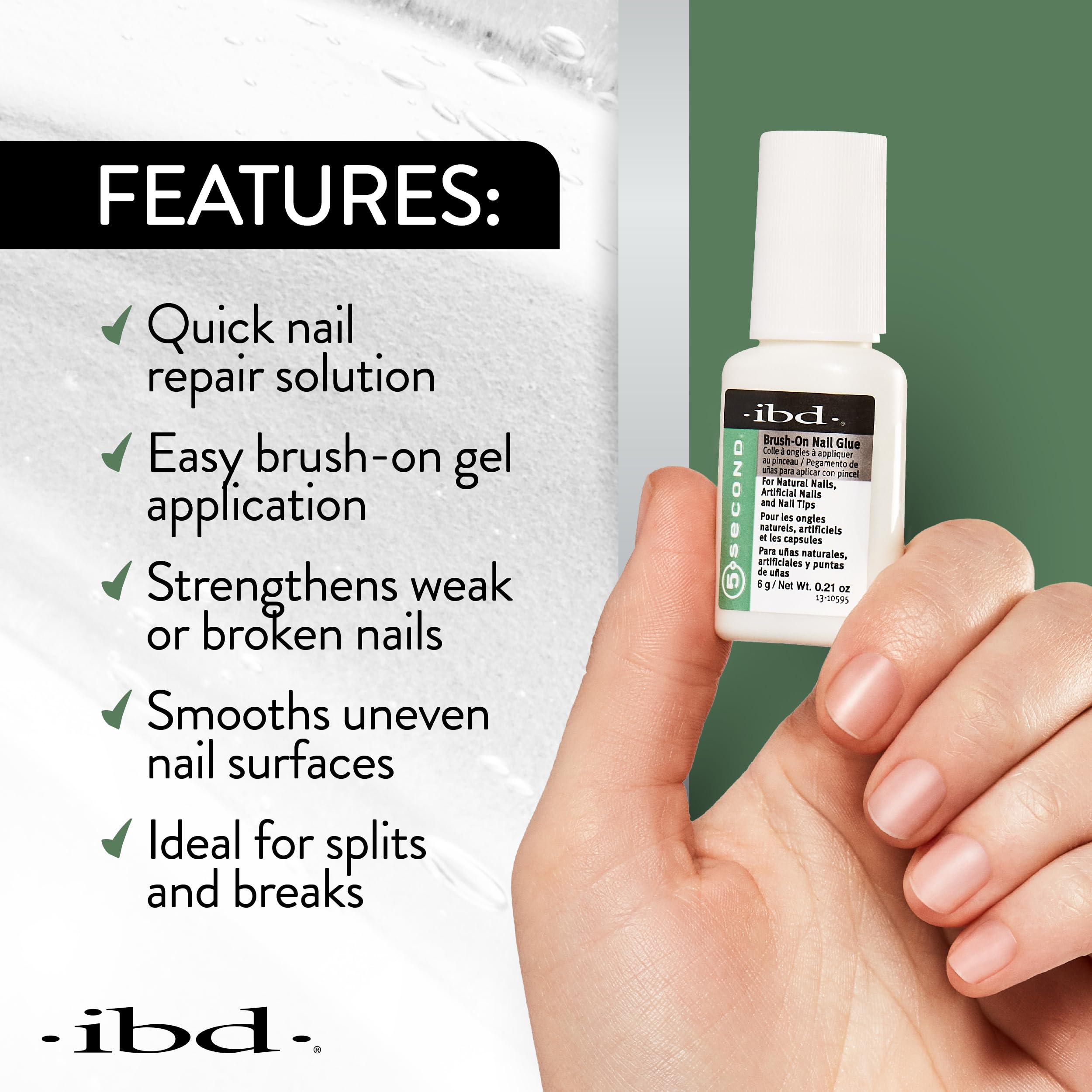 IBD finition brillante : rendu salon à domicile pour ongles naturels et bandes de renfort.